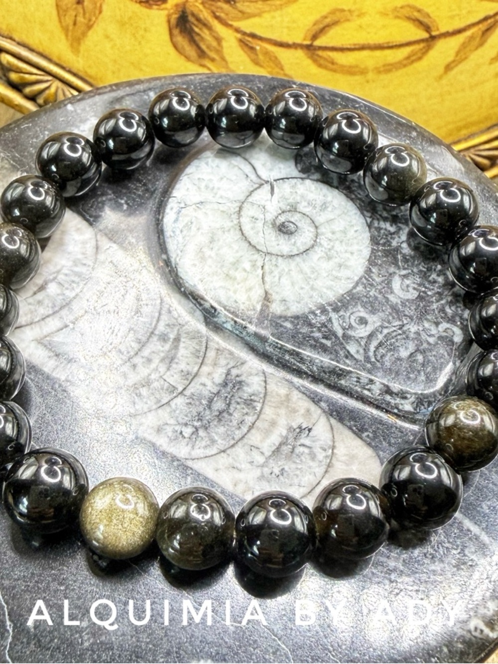 Golden black obsidian beaded bracelet | 8mm